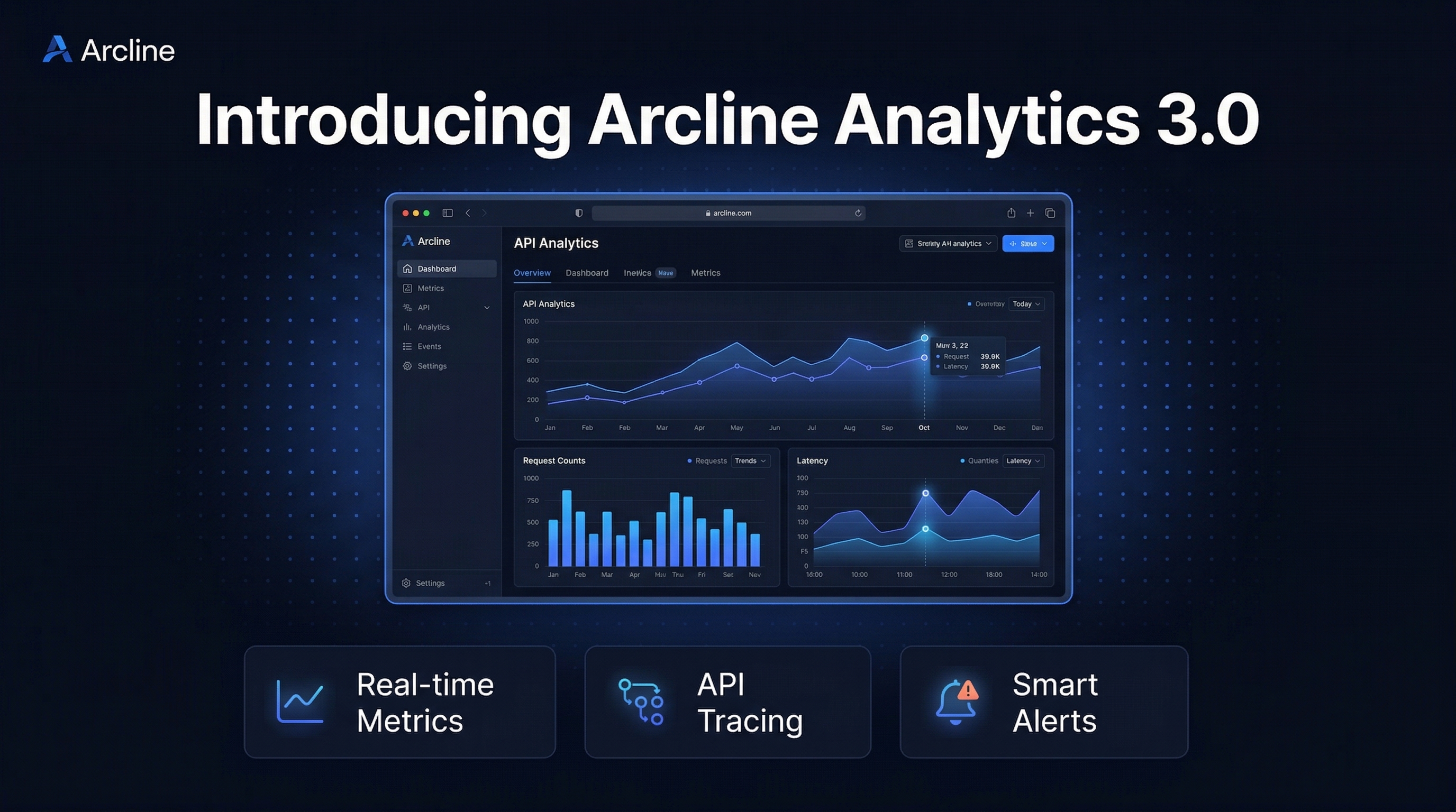 Polished Arcline Analytics 3.0 launch announcement — dark background, blue accents, dashboard UI mockup, three feature highlights