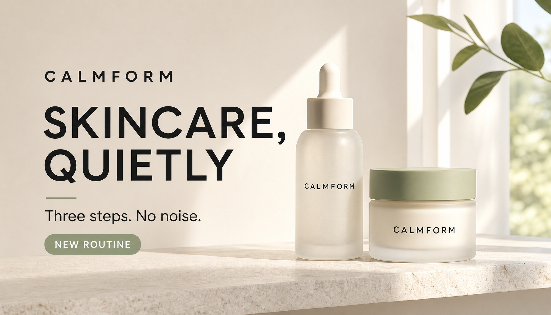 CALMFORM skincare social ad with serum bottle, cream jar, and Skincare Quietly headline generated with GPT Image 2