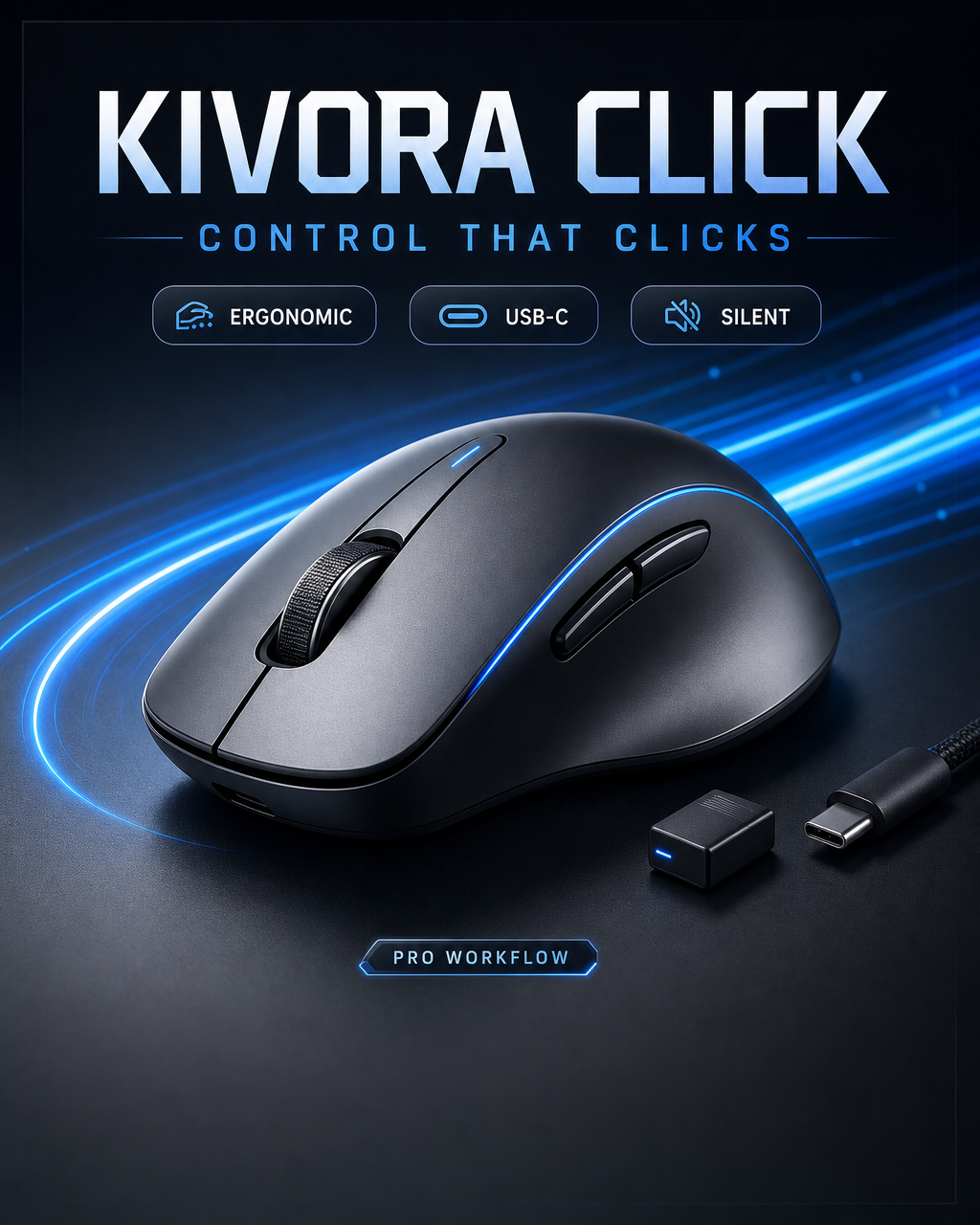 KIVORA CLICK wireless mouse product card with headline, feature chips, and accessory details generated with GPT Image 2 in ImageLayer