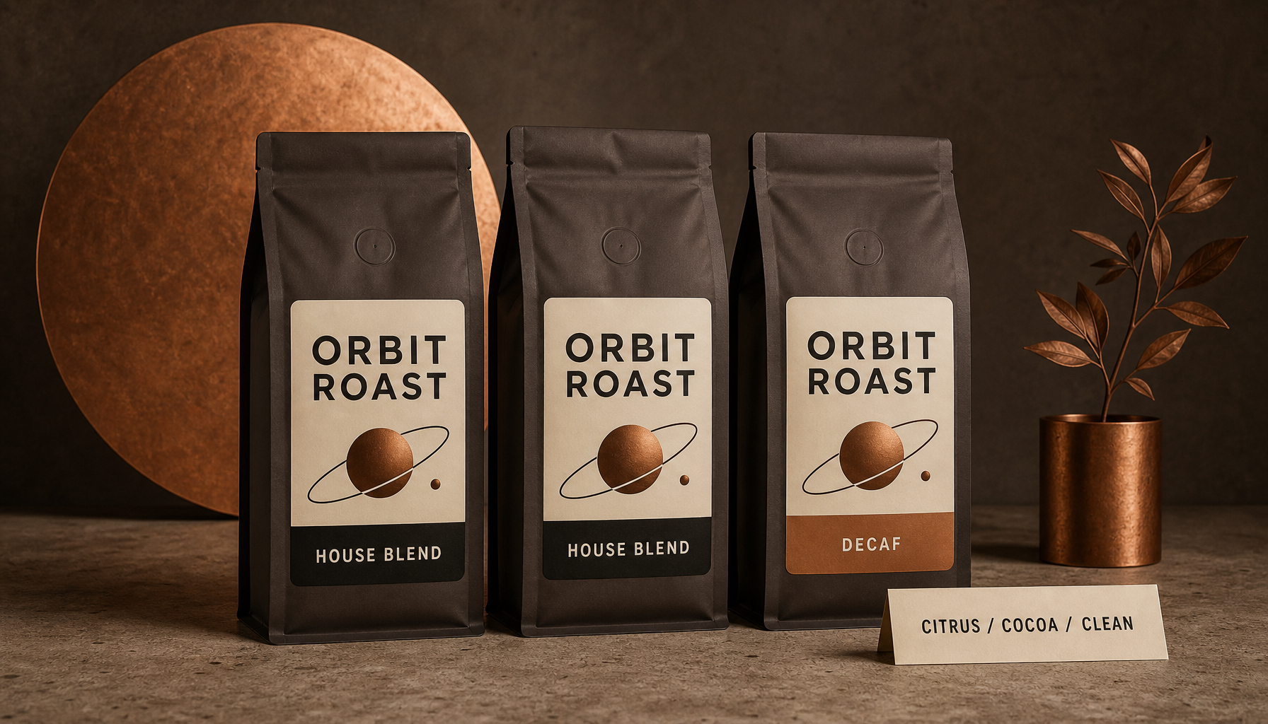 ORBIT ROAST coffee packaging concept board with three coffee bags and tasting card generated with GPT Image 2