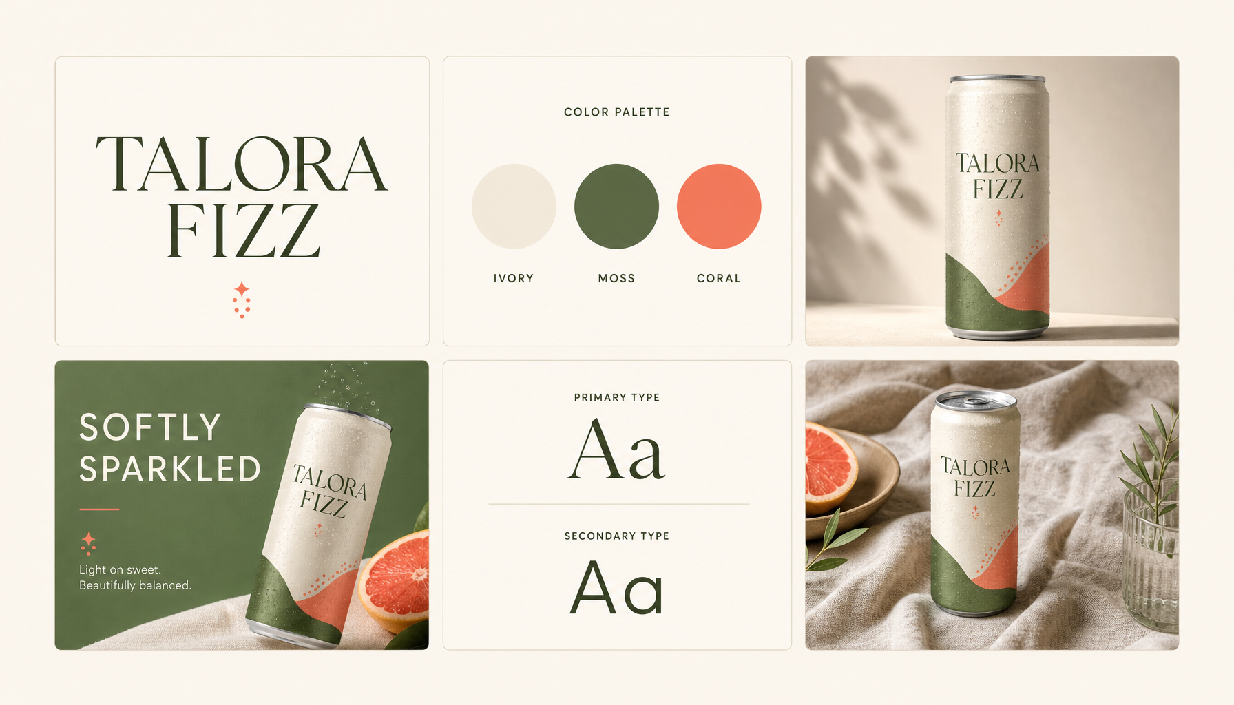 TALORA FIZZ brand kit board with logo tile, color palette, cans, social ad tile, and typography preview generated with GPT Image 2 in ImageLayer