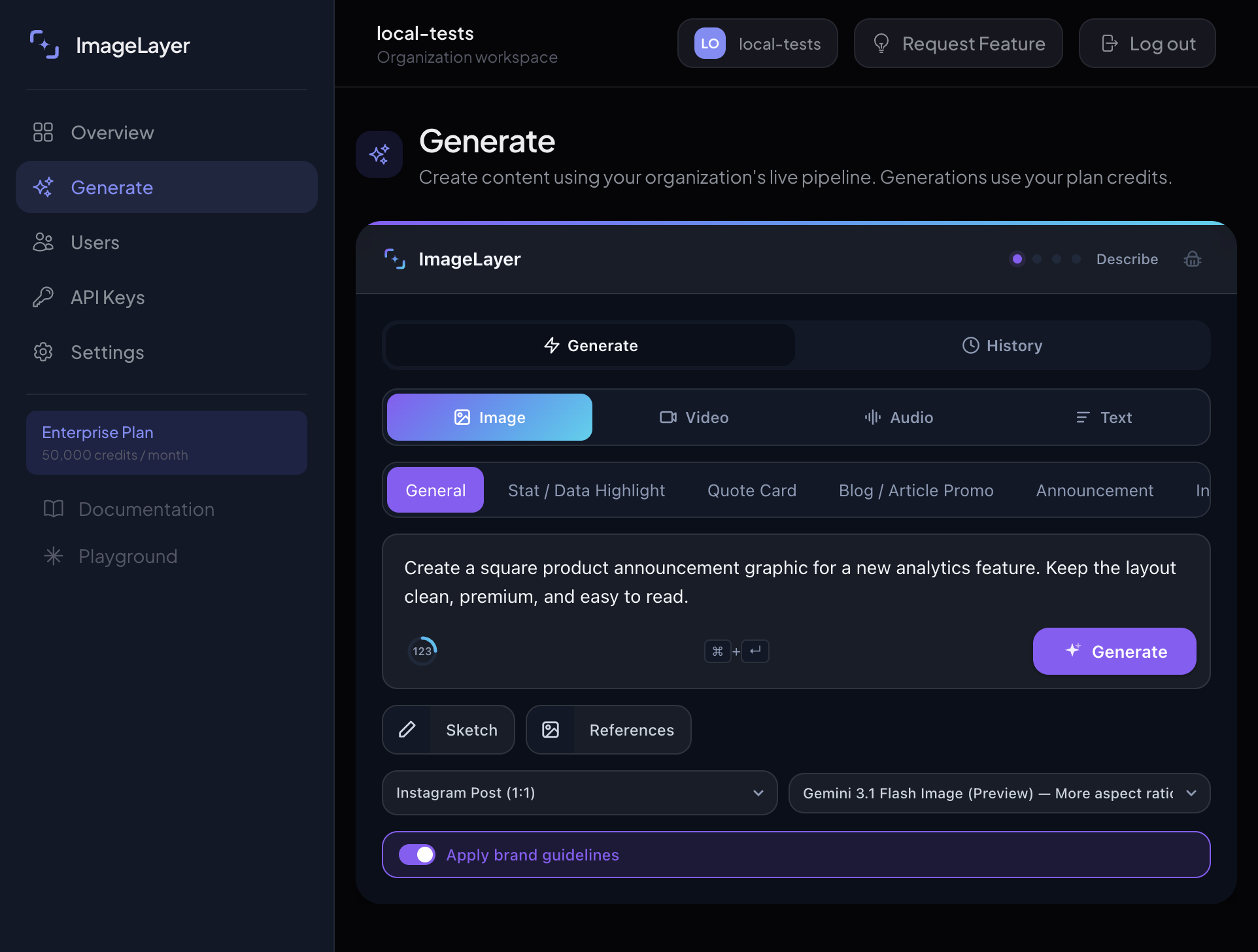 The Image workflow with Apply brand guidelines enabled before generation