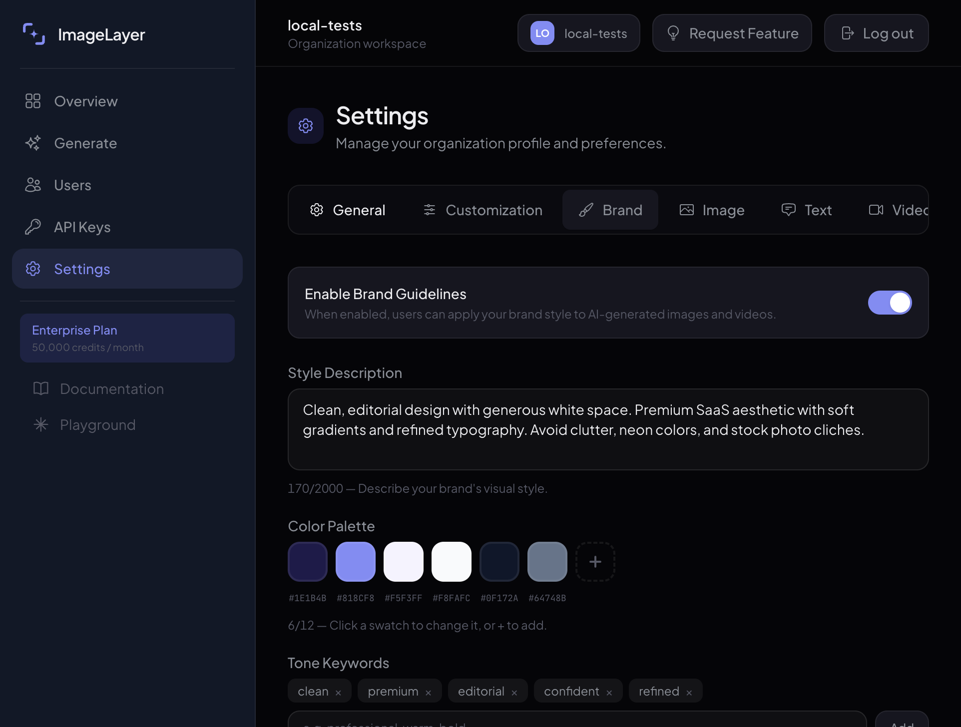 Brand settings panel showing brand guidelines configuration