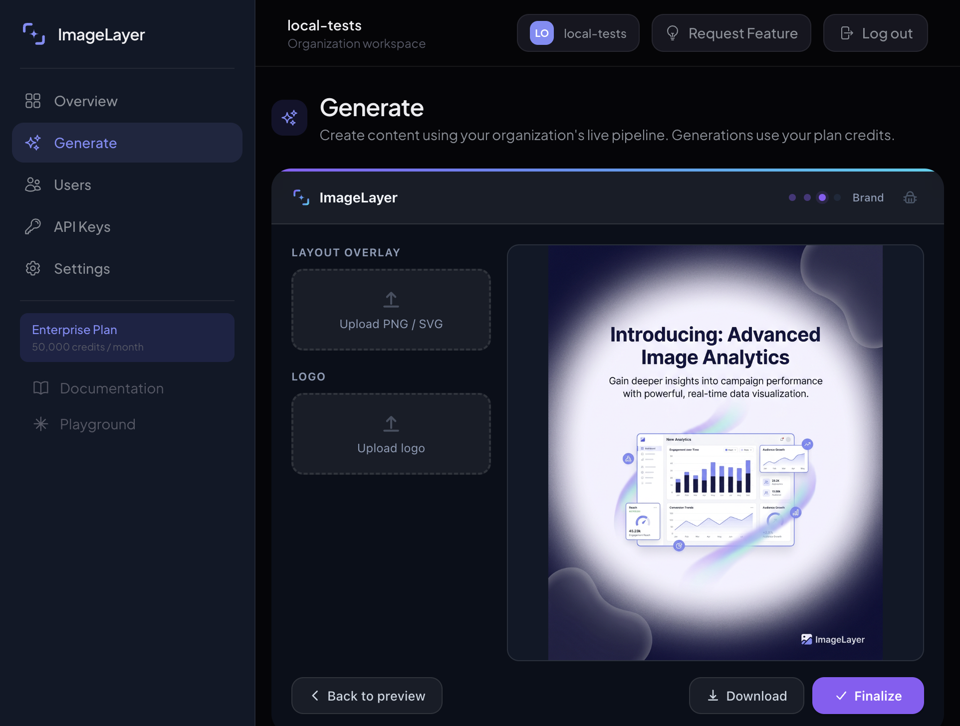 The branding editor showing the approved branded analytics visual on the canvas