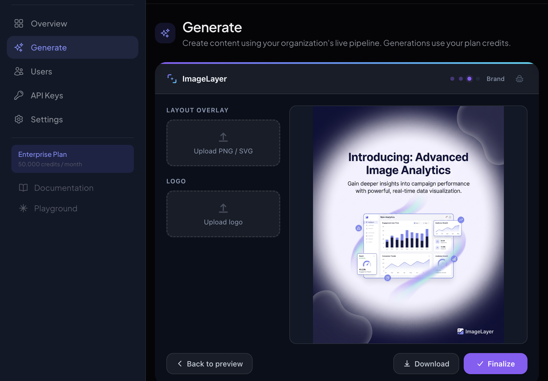 The branding editor showing the branded analytics visual ready for export