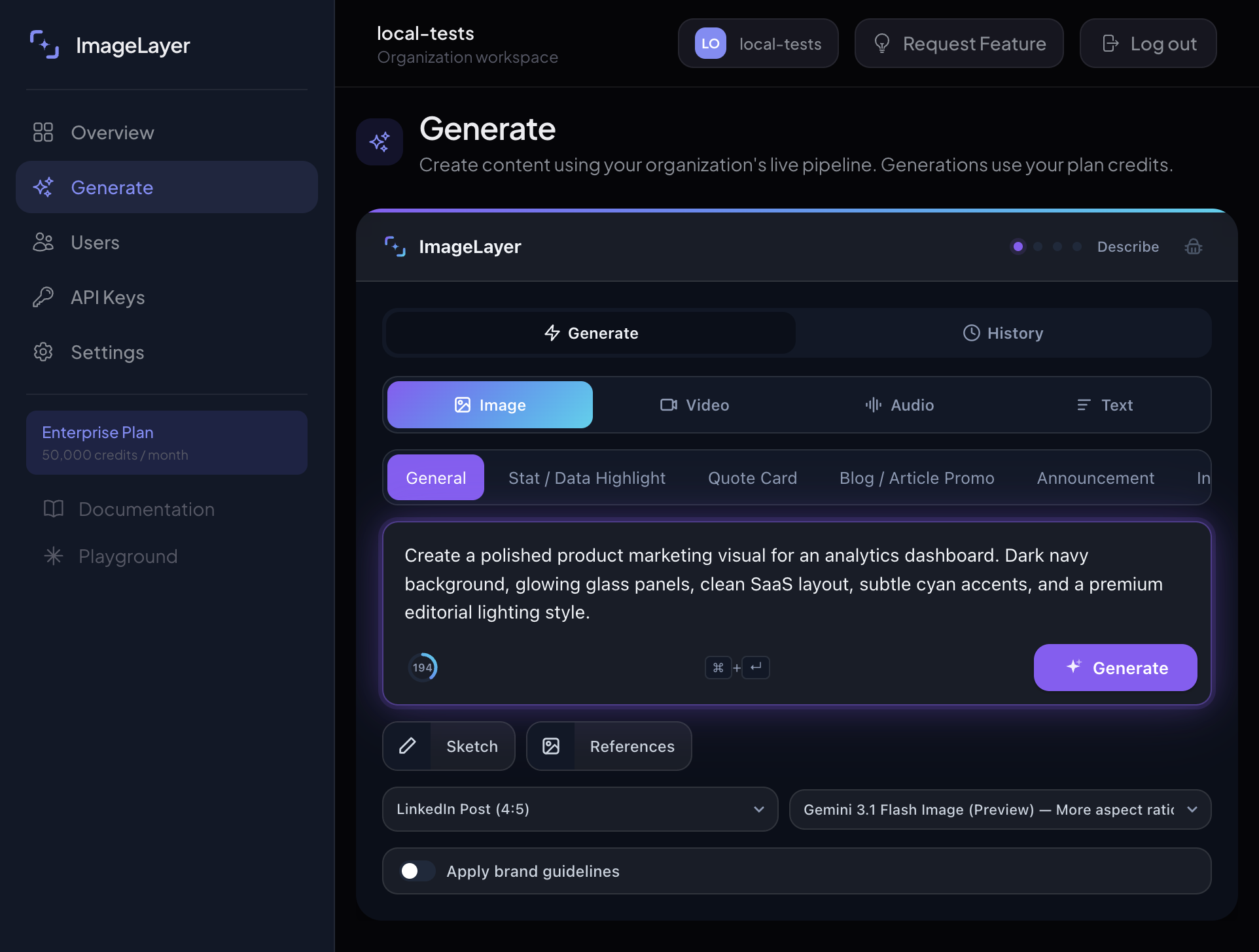The prompt field filled with a detailed dashboard visual request